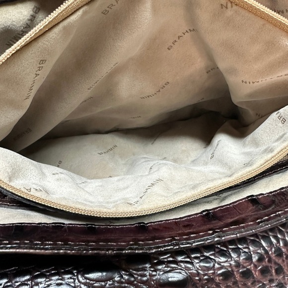 Brahmin Kaitlin Croc Embossed Leather Pecan Brown Satchel Handbag Top Handle Bag